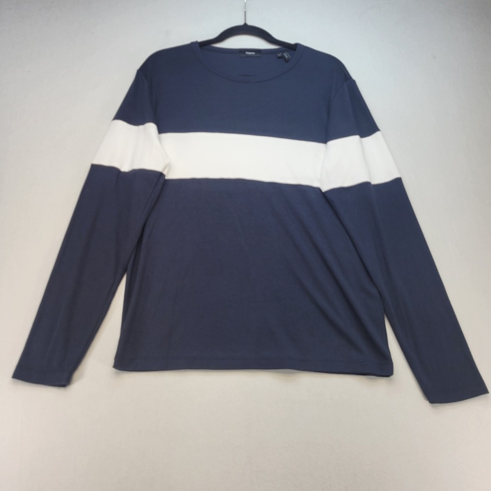 Theory Long Sleeve Top Mens Medium Navy Blue White Colorblock Modal Blend